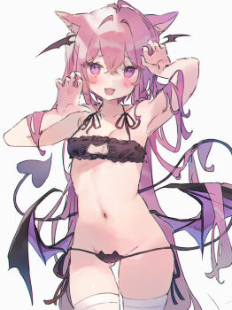 1girl :3 absurdres ahoge animal_ears armpits black_bra black_panties black_wings blush bra breasts bunchi cat_cutout cat_ears cat_lingerie cleavage clothing_cutout commentary_request cowboy_shot demon_girl demon_tail hair_intakes hands_up highres long_hair low_wings navel open_mouth original panties pink_hair pointy_ears side-tie_panties simple_background small_breasts socks solo tail twintails underwear very_long_hair white_background white_socks wings
