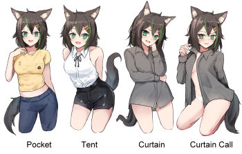 1girl :d absurdres ahoge animal_ears arm_at_side arm_under_breasts arms_behind_back bare_shoulders black_shorts blouse blue_pants breast_pocket breasts brown_hair cat_ears collarbone collared_jacket collared_shirt cowboy_shot cropped_legs curtain_call_challenge_(meme) dress_shirt english_text green_eyes green_hair grey_shirt hair_between_eyes hair_ornament hairclip hand_on_own_cheek hand_on_own_face hand_up head_tilt highres jacket leaning_forward long_sleeves looking_at_viewer medium_breasts meme midriff multicolored_hair multiple_views neck_ribbon no_bra open_clothes open_mouth open_shirt original panties pants panty_peek pocket ribbon seiza shirt shirt_tucked_in short_hair short_shorts shorts shuuzo3 simple_background sitting sleeveless sleeveless_shirt smile standing streaked_hair sweat t-shirt tail thighs underwear white_background white_panties white_shirt yellow_shirt