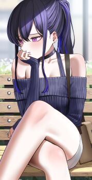 1girl absurdres averting_eyes bare_shoulders bench black_choker black_hair black_sweater blue_hair blush choker covering_own_mouth crossed_legs ear_piercing earrings eden_(edenaldojj) embarrassed hair_between_eyes hand_over_own_mouth highres ichinose_uruha jewelry long_hair long_sleeves miniskirt multicolored_hair off-shoulder_sweater off_shoulder outdoors piercing ponytail purple_eyes ribbed_sweater sidelocks skirt sleeves_past_wrists solo streaked_hair stud_earrings sweater thighs virtual_youtuber vspo! white_skirt