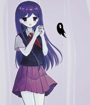 1girl black_sweater_vest blush collared_shirt colored_skin double-parted_bangs hair_between_eyes highres long_hair looking_at_viewer mari_(headspace)_(omori) mari_(omori) neckerchief omori open_mouth pleated_skirt purple_eyes purple_hair red_neckerchief red_skirt shirt short_sleeves skirt smile solo something_(omori) spoilers sweater_vest true_erg white_shirt white_skin