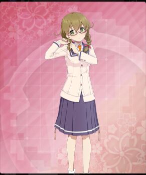 1girl adjusting_hair blue_sailor_collar blue_skirt bow braid brown_hair buttons closed_mouth dot_nose feet_out_of_frame floral_background game_cg glasses green_eyes hair_bow hamazuka_sakura hands_up jacket layered_sleeves long_sleeves low_twin_braids necktie official_art pink_background rectangular_eyewear red-framed_eyewear red_bow renpu_girls_school_uniform sailor_collar school_uniform semi-rimless_eyewear shirt sideways_glance skirt socks solo tassel third-party_source toji_no_miko toji_no_miko:_kizamishi_issen_no_tomoshibi twin_braids under-rim_eyewear white_jacket white_shirt white_socks yellow_necktie