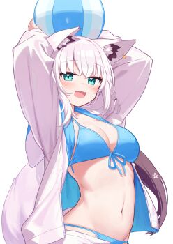 1girl :d absurdres animal_ears arms_up ball beachball bikini blue_bikini braid commentary_request deaver fox_ears fox_girl fox_tail highres holding holding_ball holding_beachball hololive jacket navel open_clothes open_jacket open_mouth pentagram shirakami_fubuki single_braid smile solo swimsuit tail virtual_youtuber white_hair white_jacket