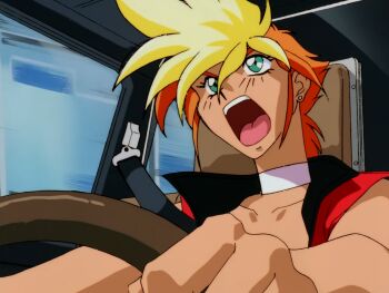 1990s_(style) 1girl car dark-skinned_female dark_skin dirty_pair dirty_pair_flash green_eyes highres kei_(dirty_pair) motor_vehicle retro_artstyle taxi tomboy