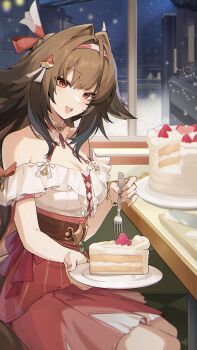 1girl animal_ears bare_shoulders brown_hair cake cake_slice casual droopy_ears film_grain food fork fox_ears fox_girl frills hair_ornament hairband highres holding holding_fork holding_plate long_hair looking_at_viewer nail_polish official_alternate_costume official_art open_mouth plate solo strawberry_cake ye_shunguang ye_shunguang_(touch_of_dawnlight) zenless_zone_zero