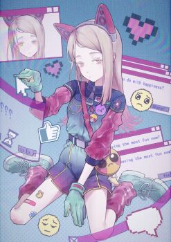 1girl absurdres animal_ear_hairband animal_ears badge bag belt between_legs black_belt blank_speech_bubble blonde_hair blue_jacket blue_shorts breasts button_badge cat_ear_hairband cat_ears closed_mouth colored_eyelashes commentary_request crane666 cursor earrings emoji fake_animal_ears flipped_hair full_body gakuen_idolmaster gloves gradient_hair green_gloves green_shoes hairband hand_between_legs hand_up heart highres idolmaster jacket jewelry leg_warmers long_hair looking_at_viewer looking_to_the_side meme miracle_na_now!_(idolmaster) moire multicolored_hair multicolored_jacket multicolored_shorts multiple_views pink_hair pink_jacket pink_leg_warmers pleading_face_emoji pointing pointing_at_object sad_banana_cat_(meme) shinosawa_hiro shoes shorts shoulder_bag sitting skinny small_breasts sneakers speech_bubble sticker_on_leg stud_earrings wariza window_(computing) yellow_bag yellow_eyes zipper