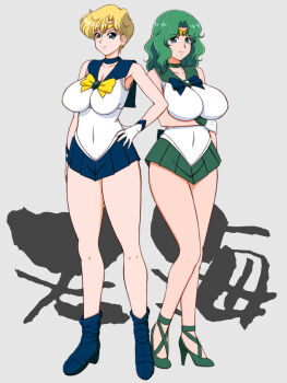 bishoujo_senshi_sailor_moon blonde_hair blue_choker blue_eyes blue_sailor_collar blue_skirt bow choker circlet earrings full_body gloves green_hair green_sailor_collar green_skirt high_heels highres jewelry kaiou_michiru lento_(glamour_works) long_hair magical_girl multiple_girls outer_senshi pleated_skirt sailor_collar sailor_neptune sailor_senshi sailor_senshi_uniform sailor_uranus short_hair skirt smile ten&#039;ou_haruka very_short_hair wavy_hair white_gloves yellow_bow