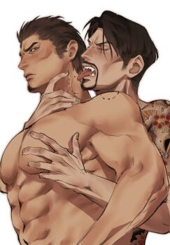 2boys abs bite_mark bite_mark_on_neck bite_mark_on_shoulder black_hair blush cheekbones curtained_hair eyepatch facial_hair fangs goatee grabbing_another's_pectorals hannya highres hug hug_from_behind irezumi kiryu_kazuma large_pectorals licking licking_another's_neck majima_goro male_focus mask multiple_boys muscular muscular_male noh_mask pectorals ryuu_ga_gotoku_(series) ryuu_ga_gotoku_1 sideburns sotenborinpc tattoo tongue tongue_out topless_male undercut yaoi