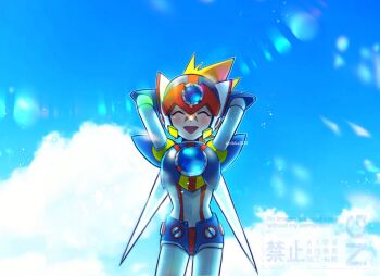 Rule 34 | 1boy, armor, arms behind head, axl (mega man), black armor, brown hair, chest jewel, cowboy shot, cross scar, forehead jewel, helmet, male focus, mega man (series), mega man x (series), open mouth, red helmet, rikka (user hruv2435), scar, scar on face, smile, solo, spiked hair