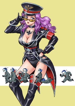 Rule 34 | 1girl, armband, black boots, black choker, black coat, black gloves, boots, breasts, choker, coat, collar, collarbone, cross, cross necklace, eyeliner, gloves, hat, hikounin sentai akibaranger, holding, holding removed eyewear, iwa (nanakakusui), jewelry, knee boots, lab coat, large breasts, long hair, long sleeves, makeup, marushina, necklace, peaked cap, purple hair, red armband, red lips, standing, sunglasses, tinted eyewear, underwear, unworn eyewear, yellow-tinted eyewear