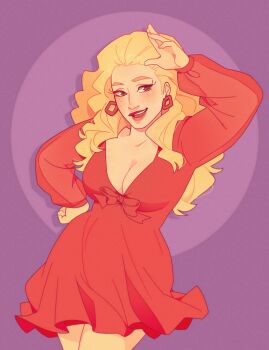 1boy blonde_hair blush bow breasts cleavage cowboy_shot crossdressing crossdressing_(mtf) dancing drag_queen dress earrings eyelashes eyeliner eyeshadow freckles full_face_makeup highres jewelry lavender-bloom-m lips lipstick makeup male_focus male_with_breasts real_life red_bow red_dress rouge_(makeup) solo trap trixie_mattel