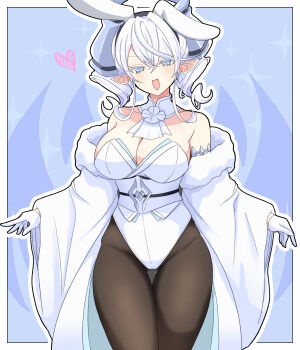 1girl absurdres animal_ears bare_shoulders black_pantyhose blush breasts commentary_request daiichi_(k_daiiti) detached_collar dragon_horns duel_monster fake_animal_ears highleg highleg_leotard highres horns large_breasts leotard long_hair looking_at_viewer lovely_labrynth_of_the_silver_castle open_mouth pantyhose playboy_bunny pointy_ears rabbit_ears smile solo strapless strapless_leotard white_leotard white_wrist_cuffs wide_sleeves wrist_cuffs yu-gi-oh!