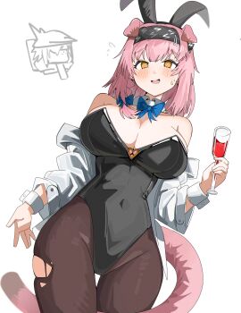 1girl absurdres alternate_costume animal_ears arknights bare_shoulders black_hairband black_leotard blue_ribbon blush breasts bright_pupils brown_pantyhose cat_ears cat_girl cat_tail cleavage cowboy_shot cup detached_collar diamond-shaped_pupils diamond_(shape) doodle_inset drinking_glass fake_animal_ears goldenglow_(arknights) hairband highres holding holding_cup huge_breasts jacket leotard long_hair looking_at_viewer neck_ribbon off_shoulder open_clothes open_jacket open_mouth pantyhose pink_hair playboy_bunny rabbit_ears ribbon simple_background spam_(spamham4506) sweatdrop symbol-shaped_pupils tail thigh_gap torn_clothes torn_pantyhose white_background white_jacket white_pupils white_wrist_cuffs wrist_cuffs yellow_eyes