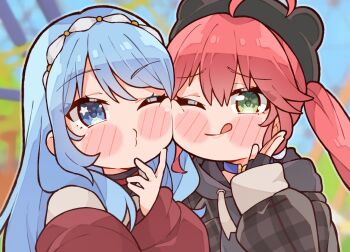 2girls bare_shoulders black_hoodie blue_eyes blue_hair blurry blurry_background blush_stickers chibi green_eyes halftone highres hololive hood hoodie hoshimachi_suisei kukie-nyan long_hair multiple_girls one_eye_closed pink_hair sakura_miko tongue tongue_out twintails upper_body virtual_youtuber