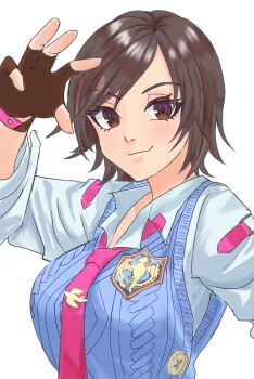 1girl artist_request blue_sweater blue_vest breasts brown_eyes brown_gloves brown_hair collared_shirt emblem female_focus fingerless_gloves gloves highres kazama_asuka large_breasts looking_at_viewer matching_hair/eyes parted_hair patch red_neckie school_uniform shirt short_hair smile solo sweater tekken tekken_8 vest white_shirt