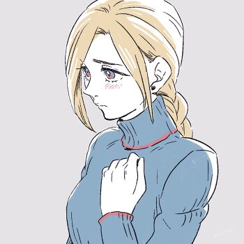 1girl blonde_hair blue_eyes blush braid braided_ponytail closed_mouth commentary_request dramatica earrings ellen_(folkssoul) folkssoul hand_on_own_chest jewelry lips simple_background single_braid single_earring solo sweater turtleneck turtleneck_sweater