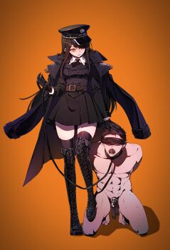 1boy 1girl absurdres belt black_hair blindfold boots buttons chastity_cage coat coat_on_shoulders femdom gag gagged gloves hair_ornament hairclip hand_on_another&#039;s_head hat high_heel_boots high_heels highres holding holding_leash improvised_gag lace-up_boots leash military_coat military_uniform necktie ni3e2a1en1 orange_eyes original peaked_cap pleated_skirt skirt skull_print stepped_on thigh_boots thighhighs