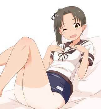 1girl :d ass ayanami_(kancolle) bed_sheet black_neckerchief black_ribbon blue_one-piece_swimsuit blush brown_hair brown_sailor_collar character_name collarbone commentary_request green_eyes hair_ribbon jewelry kantai_collection knees_up kugui_kiyunemu long_hair looking_at_viewer name_tag neckerchief on_bed one-piece_swimsuit one_eye_closed open_mouth parted_bangs pillow reclining ribbon ring sailor_collar school_swimsuit shadow shirt short_sleeves side_ponytail simple_background smile solo swimsuit swimsuit_under_clothes tan tanline thighs wedding_ring white_background white_shirt