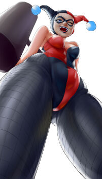 1girl absurdres bare_shoulders batman_(series) black_hair black_leotard black_lips black_mask blue_eyes breasts commentary croissama dc_comics domino_mask eye_mask fishnet_pantyhose fishnets from_below harley_quinn hat highres jester_cap leotard looking_at_viewer mask medium_breasts multicolored_leotard one_eye_closed open_mouth pantyhose red_leotard simple_background solo strapless strapless_leotard teeth two-tone_leotard upper_teeth_only white_background