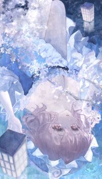 1girl absurdres bare_legs black_butterfly blue_hat blue_kimono breasts bug butterfly cherry_blossoms commentary frilled_hat frilled_kimono frills hat highres insect japanese_clothes kimono lantern large_breasts looking_at_viewer lying minamo_kyoka mob_cap on_back paper_lantern pink_hair reflection reflective_liquid saigyouji_yuyuko short_hair simple_butterfly solo thighs touhou triangular_headpiece upside-down white_butterfly