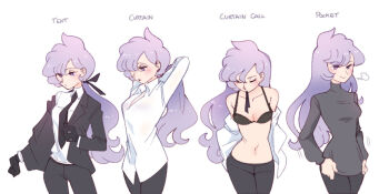 1girl anabel_(pokemon) black_gloves blush bra breasts changing_clothes closed_eyes collarbone cowboy_shot curtain_call_challenge_(meme) gloves hair_ribbon long_hair meme mouth_hold navel necktie nintendo pokemon pokemon_sm purple_eyes purple_hair ribbon small_breasts smile solo sweater underwear undressing vergolophus