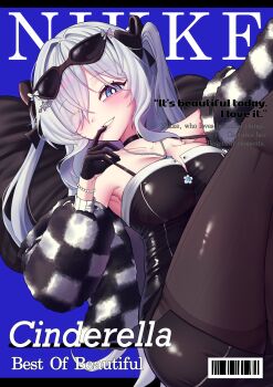 1girl barcode black_choker black_pantyhose blue_eyes breasts bright_pupils character_name checkered_clothes choker cinderella_(nikke) cleavage cover dress english_text eyewear_on_head fake_cover fake_magazine_cover gloves goddess_of_victory:_nikke hair_over_one_eye half_gloves highres large_breasts long_hair looking_at_viewer magazine_cover mimu_(cyus7328) one_eye_covered pantyhose smile solo strapless strapless_dress sunglasses thighband_pantyhose tinted_eyewear tube_dress twintails very_long_hair white_hair