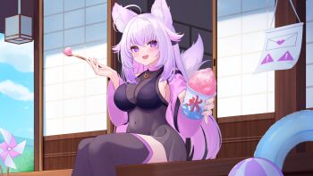 1girl :d absurdres ahoge animal_ears architecture ball beachball bell_sleeves black_bra black_leotard blue_sky blush bra breasts cat_ears cat_girl cat_tail cloud colored_inner_hair colored_tips commission covered_navel day east_asian_architecture eyelashes fang food g-string gold_necklace highres indie_virtual_youtuber innertube jewelry large_breasts leotard letter long_hair long_sleeves love_letter multicolored_hair necklace open_mouth outdoors pink_nails pinwheel pisceun porch purple_eyes see-through_clothes see-through_shirt sharing_food shaved_ice shirt shiyuonline shouji sideboob simple_bird skeb_commission sky sliding_doors smile solo stirrup_legwear summer swim_ring tail thighhighs thong toeless_legwear transparent_leotard underwear white_hair wooden_porch