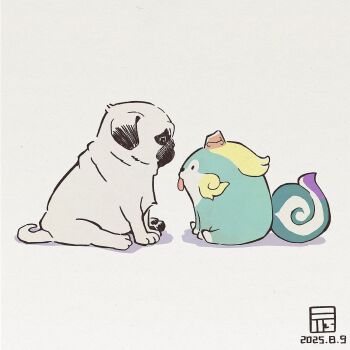 :p animal animal_focus closed_mouth dated dog eye_contact highres looking_at_another no_humans simple_background sitting tama-jii tensui_no_sakuna-hime tongue tongue_out white_background y_koichi