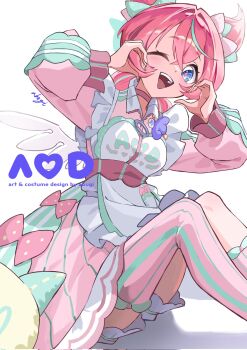 Rule 34 | 1girl, :d, alternate costume, apron, aria (manga), aria (zenless zone zero), asymmetrical legwear, blue eyes, chocho 16, choker, commentary, crossed bangs, dress, hair between eyes, heart, heart hands, highres, long sleeves, looking at viewer, one eye closed, open mouth, pink choker, pink dress, pink hair, pink thighhighs, sitting, smile, solo, sparkling eyes, striped clothes, striped thighhighs, teeth, thighhighs, uneven legwear, untranslatable commentary, upper teeth only, vertical-striped clothes, vertical-striped thighhighs, white apron, white wings, wings, zenless zone zero