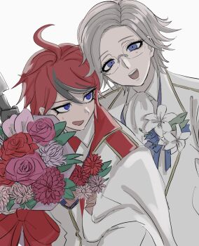 2boys :d ahoge aotsuki_eito ascot black_streaks blue_eyes bouquet collared_shirt commentary_request eyelashes flower glasses grey_hair highres jacket jacket_on_shoulders looking_at_another looking_at_viewer male_focus multicolored_hair multiple_boys nri_(nrrr_anri) official_alternate_costume open_mouth pink_flower pink_rose purple_eyes red_flower red_hair red_rose rose shirt short_hair simple_background small_sweatdrop smile streaked_hair sumino_takumi the_hundred_line_-last_defense_academy- two-tone_hair white_ascot white_background white_jacket white_lily white_shirt
