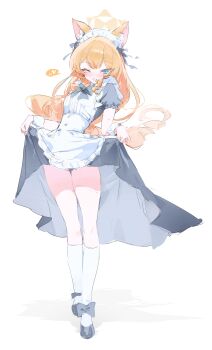 1girl absurdres animal_ear_fluff animal_ears blonde_hair blue_archive blue_eyes blush cat_ears dress halo highres kneehighs lifting_own_clothes long_hair maid mari_(blue_archive) meunhongcha one_eye_closed orange_hair shadow socks solo thighs white_background white_socks yellow_halo