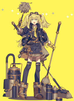 1girl absurdres apron belt black_apron black_jacket black_thighhighs blonde_hair blue_eyes boots bottle braid brown_boots can collared_shirt duster feather_duster frills gloves goggles goggles_on_head highres holding holding_duster jacket long_hair mop multicolored_clothes necktie open_clothes open_jacket open_mouth original patterned_clothing patterned_legwear pocket pouch shirt sidelocks simple_background sleeves_rolled_up solo thighhighs twintails vacuum_cleaner yellow_background yellow_gloves yellow_necktie zaza_(x-can01)