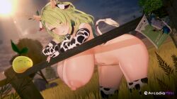 1girl 3d against_railing animal_print animated antlers arcadia_(arcadiamkii) blowing_kiss blush bouncing_breasts breasts ceres_fauna choker closed_mouth cow_girl cow_horns cow_print cow_print_gloves cow_print_thighhighs cow_tail curvy drink_carton elbow_gloves farm fingerless_gloves flower gloves green_hair hair_flower hair_ornament hair_over_one_eye hanging_breasts heart highres hololive hololive_english horns huge_breasts large_areolae large_nipples leaning_forward long_hair looking_at_viewer looping_animation milk_carton navel nipples nude outdoors print_gloves print_thighhighs puffy_areolae puffy_nipples railing shiny_skin sky smile solo sun tagme tail thick_thighs thighhighs thighs tree_horns video virtual_youtuber wide_hips yellow_eyes