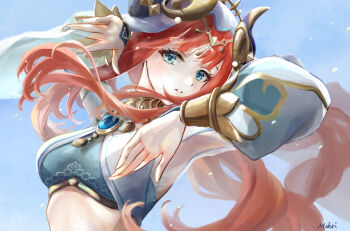 1girl aqua_eyes arms_up artist_name blue_sky bracer breasts brooch circlet commentary crop_top dancer detached_sleeves fake_horns floating_hair genshin_impact gold_trim highres horns jewelry long_hair long_sleeves looking_at_viewer low_twintails medium_breasts mohri nail_polish neck_ring nilou_(genshin_impact) parted_bangs parted_lips puffy_long_sleeves puffy_sleeves red_hair revision sky solo twintails upper_body veil white_veil
