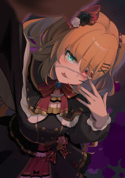 Rule 34 | 1girl, :p, absurdres, akai haato, akai haato (gothic lolita), belt, black belt, black capelet, black dress, black flower, black rose, black thighhighs, blonde hair, blue eyes, blurry, blurry foreground, blush, bow, bowtie, breasts, buttons, capelet, commentary request, cowboy shot, depth of field, dress, dutch angle, eyepatch, eyepatch lift, flower, frilled capelet, frills, glowing, glowing eye, gold buttons, gothic lolita, hair bow, hair flower, hair ornament, hair ribbon, hair tie, hairclip, heart, heart hair ornament, heterochromia, highres, hololive, lolita fashion, long hair, long sleeves, looking at viewer, medical eyepatch, medium breasts, miniskirt, nail polish, official alternate costume, official alternate hairstyle, red bow, red bowtie, red nails, red ribbon, red skirt, ribbon, rose, selfie, short dress, skirt, skirt under dress, solo, thighhighs, tongue, tongue out, two side up, very long hair, virtual youtuber, yuika nia