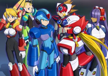 3boys 3girls alia_(mega_man) android aqua_eyes armor armored_boots axl_(mega_man) black_background black_bodysuit blonde_hair blue_armor blue_background blue_bodysuit blue_eyes blue_headwear bodysuit boots breasts brown_bodysuit brown_hair commentary_request cowboy_shot dark_skin forehead gauntlets gloves gradient_background green_armor green_eyes grey_bodysuit grin hair_over_eyes hand_on_headphones hand_on_own_hip hand_up headphones helmet highres hime_cut hoshi_mikan large_breasts layer_(mega_man) long_hair looking_at_viewer low_ponytail mega_man_(series) mega_man_x8 mega_man_x_(series) mole mole_under_eye multiple_boys multiple_girls outline pallette_(mega_man) parted_lips pink_armor ponytail profile purple_armor purple_hair red_armor robot_ears scar shadow sidelocks small_breasts smile spiked_hair standing twintails white_armor white_gloves x_(mega_man) zero_(mega_man)
