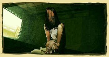 1girl absurdres backrooms_(2026_film) backrooms_(creepypasta) black_eyes black_hair border brown_border commentary english_commentary highres indoors leaning_forward looking_down mary_kline pants printoro shirt sleeveless sleeveless_shirt solo spoilers still_life_(backrooms) textless_version yellow_pants