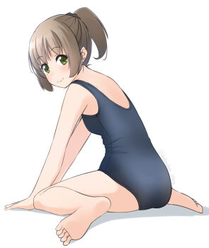 1girl ass blue_one-piece_swimsuit brown_hair from_behind green_eyes leaning_forward looking_at_viewer looking_back one-piece_swimsuit original ponytail school_swimsuit shibacha short_hair simple_background sitting solo swimsuit wariza white_background
