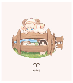 3girls :&lt; animal animal_costume aries_(symbol) aries_(zodiac) blonde_hair blue_eyes blush brown_background chibi climbing closed_mouth commentary_request fake_horns fence grass highres horns kozato_(yu_kozato) little_blonde_girl_(kozato) multiple_girls original sheep sheep_costume sheep_horns short_eyebrows siblings simple_background sisters thick_eyebrows twins twintails v-shaped_eyebrows zodiac