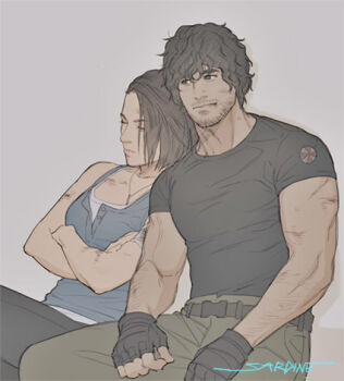 1boy 1girl beard beard_stubble belt black_eyes black_gloves black_hair bob_cut carlos_oliveira commentary couple english_commentary facial_hair fingerless_gloves gloves jewelry jill_valentine lowres messy_hair muscular muscular_male mustache necklace resident_evil resident_evil_3:_nemesis resident_evil_3_(remake) resting sardine_(kjr0313) shirt sleeping sleeveless sleeveless_shirt stubble t-shirt tank_top