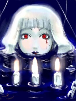 1girl animated animated_gif blinking blood blood_on_face blue_background blunt_bangs candle chain closed_mouth commentary_request expressionless fire long_hair looking_at_viewer looping_animation lowres marionette_(ragnarok_online) mr.romance ragnarok_online red_eyes ripples solo upper_body white_hair