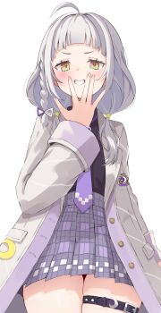 1girl absurdres ahoge belt braid coat gradient_eyes grey_hair grin hair_ornament highres hololive light_blush long_hair long_sleeves looking_at_viewer mesugaki mesugaki_pose multicolored_eyes murasaki_shion murasaki_shion_(school_uniform) necktie official_alternate_costume orange_eyes puffy_sleeves purple_necktie purple_skirt simple_background skirt smile star_(symbol) star_hair_ornament thigh_belt thigh_focus thigh_strap thighs tonton_utaro virtual_youtuber yellow_eyes
