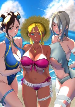 Rule 34 | 1boy, 3girls, :o, a.k.i. (street fighter), alternate costume, arm strap, arms behind back, bandage over one eye, bandages, bandeau, beach, belt, bikini, bikini tan, blonde hair, blue eyes, blue one-piece swimsuit, blue sky, blush, braid, breasts, brown eyes, brown hair, cammy white, capcom, chun-li, cleavage, closed mouth, cloud, cloudy sky, collarbone, contrail, curvy, dog tags, double bun, e. honda, earrings, eyelashes, flower, grey bikini, grey hair, hair bun, hair flower, hair ornament, hat, highleg, highleg one-piece swimsuit, highres, jewelry, large breasts, lipstick, low twin braids, makeup, mole, mole under mouth, multiple girls, navel, neck ring, necklace, ocean, official alternate costume, one-piece swimsuit, one eye covered, parted lips, purple bandeau, purple bikini, red eyes, red lips, satopuu, shiny skin, side-tie bikini bottom, side ponytail, sky, smile, stomach, strapless, strapless bikini, straw hat, street fighter, street fighter 6, swimsuit, tan, tanline, thigh belt, thigh strap, thong one-piece swimsuit, twin braids, twitter username, underboob, watermark, white belt, wide hips