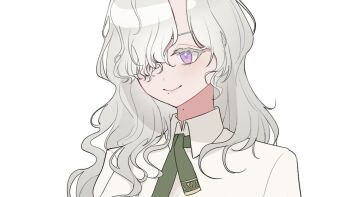 1girl closed_mouth collared_shirt green_necktie hair_over_one_eye jiedu_(gedoku_1) mole mole_on_neck mole_under_mouth necktie one_eye_covered portrait purple_eyes reverse:1999 shirt smile solo white_background white_hair white_shirt windsong_(reverse:1999)