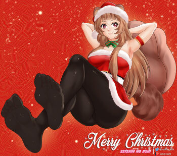 1girl abstract_background animal_ears arm_strap armpits arms_behind_head arms_up artist_name ass belt black_thighhighs blunt_bangs breasts brown_hair christmas closed_mouth commentary dress english_commentary eyelashes feet full_body fur-trimmed_dress fur_trim green_ribbon hat large_breasts long_hair looking_at_viewer merry_christmas neck_ribbon no_shoes pantyhose patreon_logo patreon_username pink_eyes raccoon_ears raccoon_girl raccoon_tail raised_eyebrows raphtalia red_background red_dress red_ribbon ribbon santa_costume santa_hat seishinashi short_dress sitting sleeveless sleeveless_dress smile snowflakes snowing soles solo straight_hair strapless strapless_dress tail tate_no_yuusha_no_nariagari thick_thighs thighhighs thighs toes twitter_logo twitter_username two-tone_ribbon watermark white_belt yellow_background