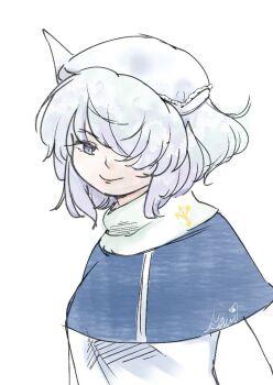 1girl blue_capelet capelet commentary_request cropped_torso lapel_pin letty_whiterock looking_at_viewer marikirimori medium_hair one_eye_covered purple_eyes solo touhou white_background white_hair