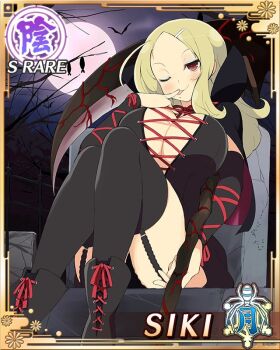 1girl :p bare_tree bat_(animal) black_dress black_garter_straps black_sleeves black_thighhighs blonde_hair blush border breasts card_(medium) character_name closed_mouth cross-laced_clothes cross-laced_dress detached_sleeves dress full_moon game_cg garter_straps graveyard hair_ornament hairclip holding holding_scythe holding_weapon large_breasts licking licking_finger long_hair looking_at_viewer middle_part mole mole_under_mouth moon official_art one_eye_closed parted_bangs red_eyes scythe senran_kagura senran_kagura_new_wave shiki_(senran_kagura) sitting skindentation smile solo thighhighs third-party_source tongue tongue_out tree weapon