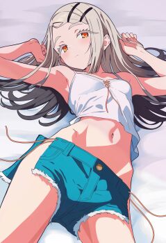 1girl absurdres armpits arms_up black_hair blue_shorts breasts camisole closed_mouth colored_eyelashes commentary cowboy_shot denim denim_shorts gakuen_idolmaster gradient_hair grey_hair hair_ornament hair_spread_out hairclip highres hiraji idolmaster long_hair looking_at_viewer lying midriff multicolored_hair on_back orange_eyes orange_ribbon parallel_hairclips ribbon shinosawa_hiro short_shorts shorts side-tie_shorts small_breasts solo split_mouth swept_bangs untied_shorts untranslatable_commentary white_camisole