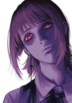 1girl absurdres black_dress black_ribbon chainsaw_man closed_mouth dress earrings eyelashes fami_(chainsaw_man) food fourth_east_high_school_uniform head_tilt highres hoyutaki jewelry looking_at_viewer mole mole_under_mouth neck_ribbon pinafore_dress portrait purple_hair red_eyes ribbon ringed_eyes school_uniform shirt simple_background sleeveless sleeveless_dress solo steamed_bun white_background white_shirt