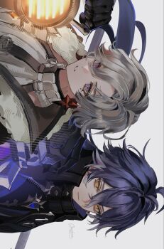 2boys antenna_hair artist_name black_capelet black_coat black_gloves blue_eyes blue_hair capelet chest_harness closed_mouth coat collared_capelet crossed_bangs earrings flins_(genshin_impact) genshin_impact gloves gradient_hair grey_hair hair_between_eyes hand_up harness highres holding holding_lantern illuga_(genshin_impact) jewelry lantern long_hair looking_at_viewer male_focus mole mole_under_eye multicolored_hair multiple_boys off_shoulder omces96 open_clothes open_coat parted_bangs parted_lips red_hair red_pupils ribbed_sweater scar scar_on_neck scar_on_shoulder sideways signature simple_background sleeveless sleeveless_sweater sweater turtleneck turtleneck_sweater twitter_username upper_body white_background white_sweater yellow_eyes