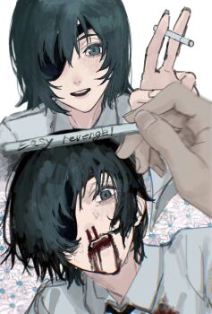 1girl 1other black_eyes black_hair blood blood_from_mouth chainsaw_man cigarette eyepatch flower grey_shirt highres himeno_(chainsaw_man) holding holding_cigarette imminent_death kohaa_ku medium_hair nosebleed shirt simple_background white_background white_flower